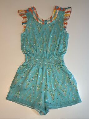 Matilda Jane Aqua Confetti Party Polka-Dot Romper with Striped Shoulder Trim